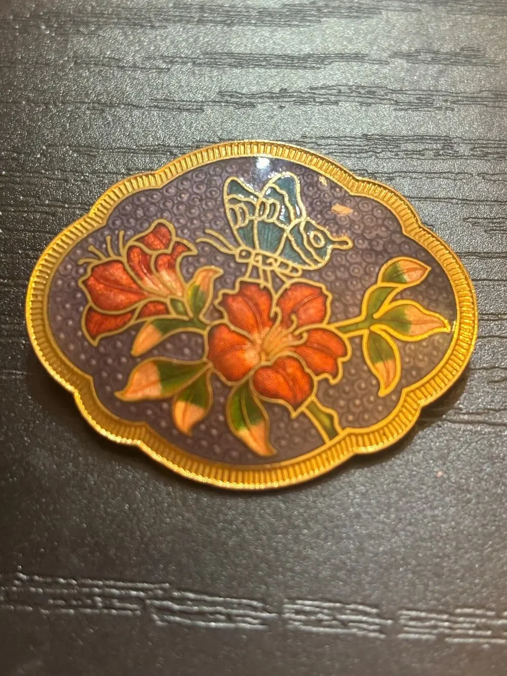 Vintage Cloisonne Scarf Clip Butterfly Floral Enamel
